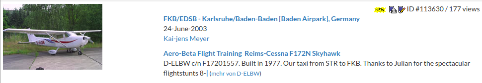 Surviving Flugzeugbilder.de entry showing Cessna F172N D-ELBW used for the flight from Stuttgart to Karlsruhe Baden-Baden on 24 June 2003