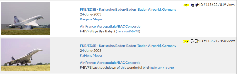Surviving Flugzeugbilder.de entries showing Kai-jens Meyer's photographs of Air France Concorde F-BVFB at Karlsruhe Baden-Baden on 24 June 2003