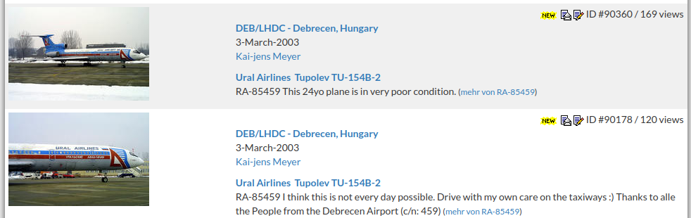 Surviving Flugzeugbilder.de photographs of Ural Airlines Tupolev Tu-154B-2 RA-85459 at Debrecen on 3 March 2003