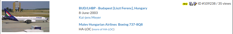 Kai-jens Meyer photograph record of Malev Boeing 737 HA-LOC at Budapest in June 2003