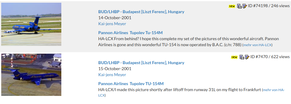 Surviving Flugzeugbilder.de entries showing Pannon Airlines Tupolev Tu-154M HA-LCX at Budapest in October 2001