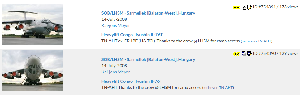 Preserved Flugzeugbilder.de listing of Kai-jens Meyer's photographs of Ilyushin Il-76T TN-AHT at Sármellék on 14 July 2008