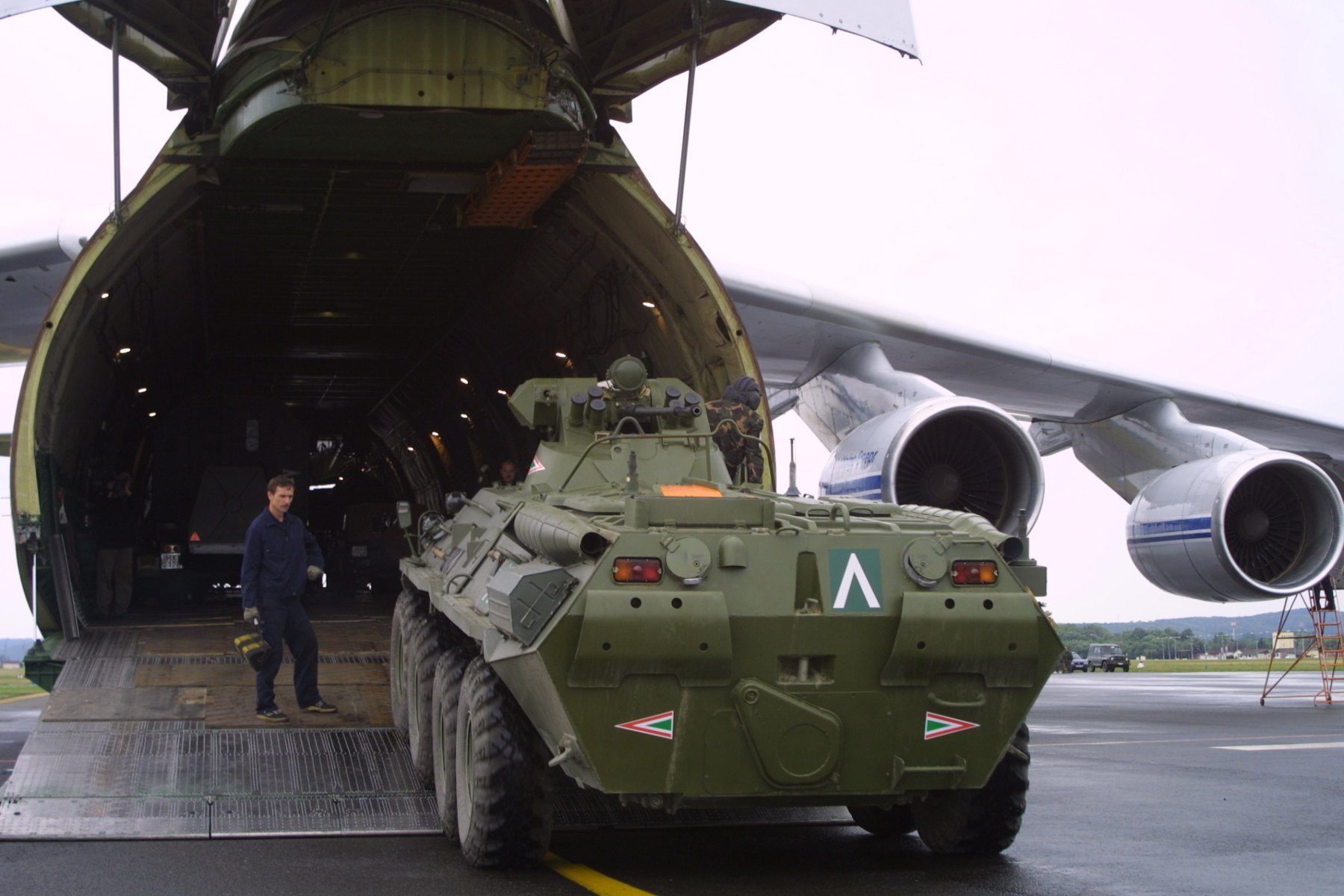 Hungarian armoured vehicle rolling out of the An-124 cargo hold