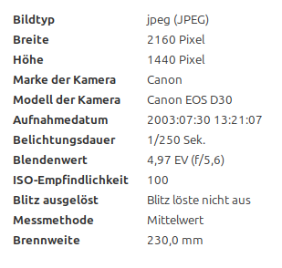 EXIF metadata from the rediscovered VP-CGM photograph showing 30 July 2003 13:21:07